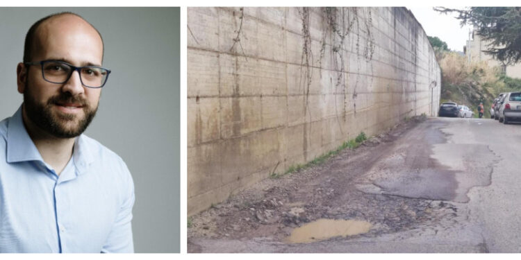 In foto il consigliere Lo Bianco e una immagine della strada dissestata nei pressi della stazione di Vibo-Pizzo