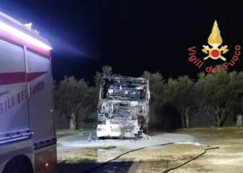 L'autocarro destinato alla raccolta rifiuti completamente distrutto dall'incendio. Immagine dei vigili del fuoco