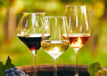 Tre calici di vino con sullo sfondo un vigneto