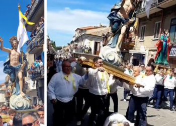 Apprensione durante l’Affrontata a Vibo: inciampa un portantino e la statua del Cristo rischia di cadere