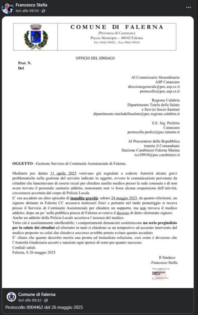 La denuncia pubblica del sindaco di Falerna, Francesco Stella