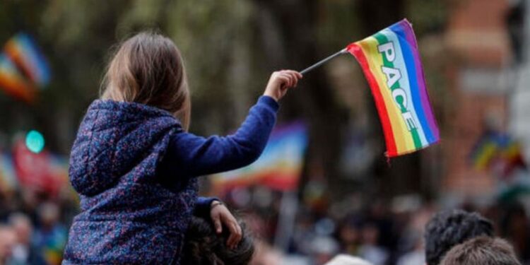 Una bambina con la bandiera per la pace durante una manifestazione