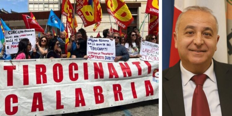 Raffaele Mammoliti, consigliere regionale uscente del Pd, e una protesta dei tirocinanti calabresi