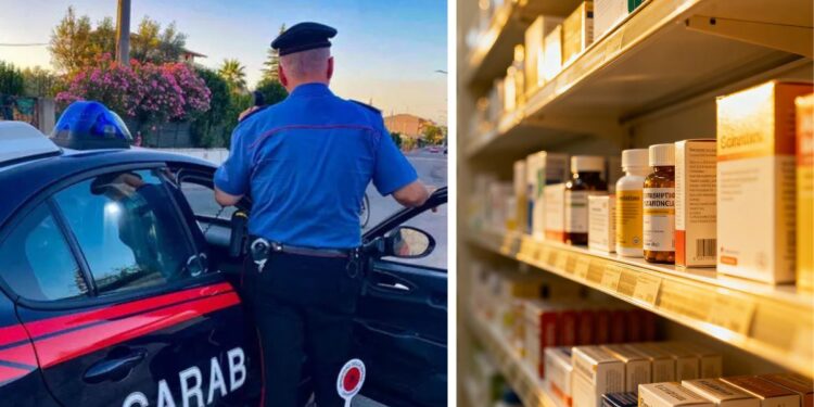 Un militare dell'arma dei carabinieri e dei farmaci su uno scaffale