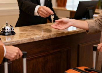 Due persone mentre effettuano un check in in un albergo