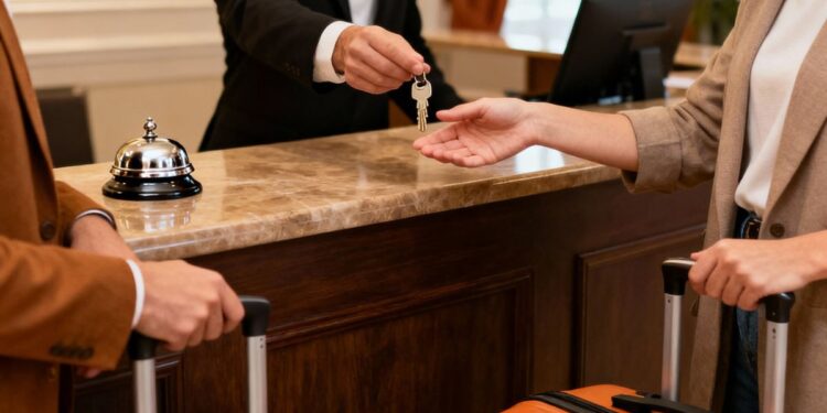 Due persone mentre effettuano un check in in un albergo