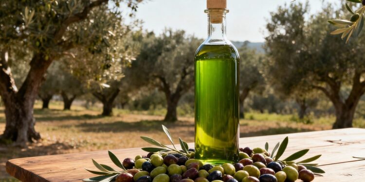 Una bottiglia di olio, delle olive e un uliveto sullo sfondo