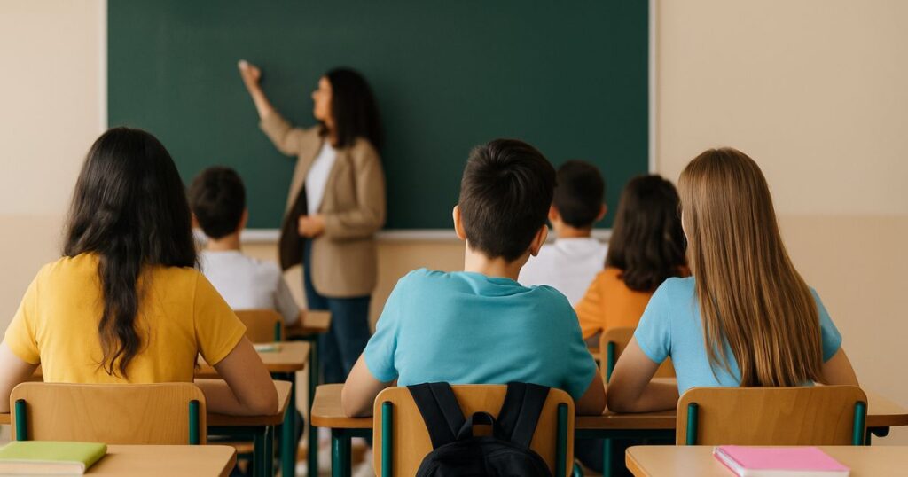 Gli alunni seguono la professoressa durante una lezione in classe