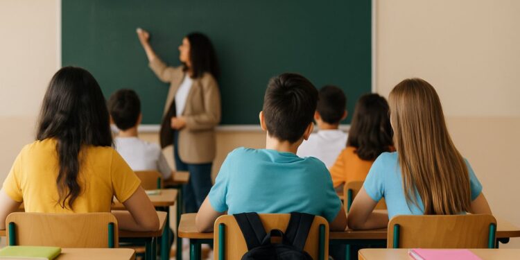 Gli alunni seguono la professoressa durante una lezione in classe