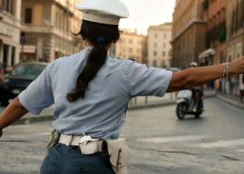 Una vigilessa impegnata in dei controlli su strada