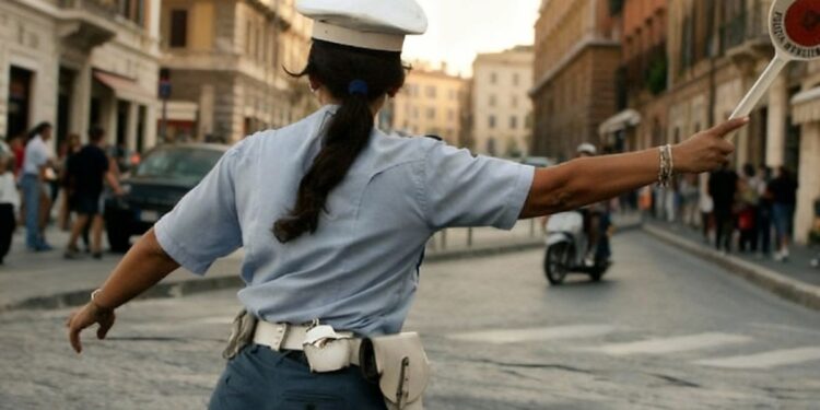 Una vigilessa impegnata in dei controlli su strada