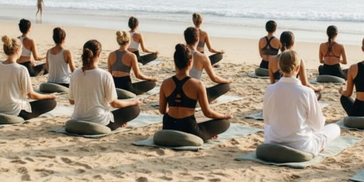 Un gruppo di persone che fa yoga sulla spiaggia
