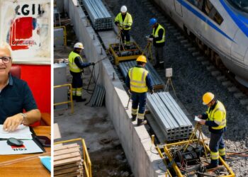 Gianfranco Trotta della Cgil e degli operai impegnati su un cantiere