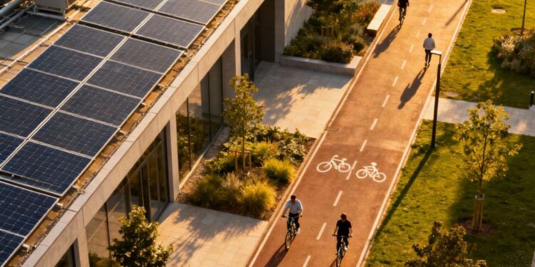 sostenibilità urbana con piste ciclabili, pannelli solari e verde