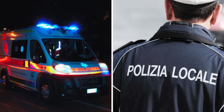 Una ambulanza e un agente della Polizia Locale