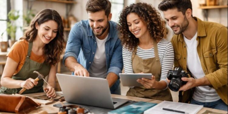 Un gruppo di giovani intenti a creare prodotti dell'artigianato con il supporto del digitale, con l'obiettivo di fare impresa