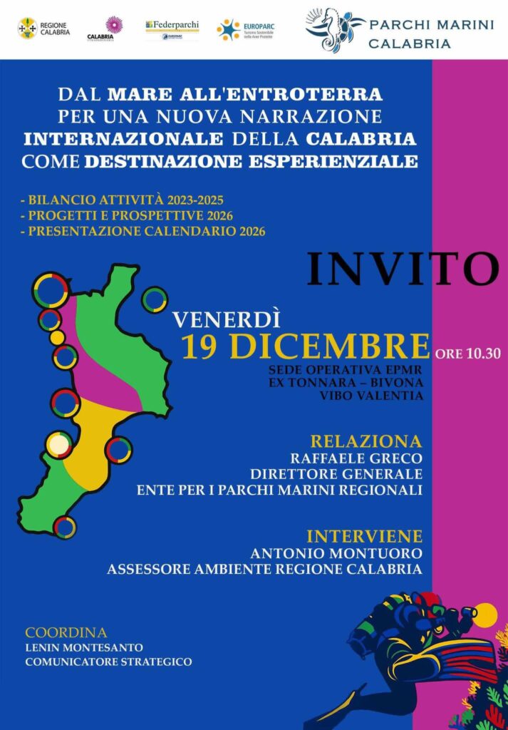 La locandina dell'evento “Dal mare all’entroterra per una nuova narrazione internazionale della Calabria come destinazione esperienziale”, organizzato dall'Ente Parchi Marini della Calabria alla Tonnara di Bivona, frazione costiera di Vibo Valentia
