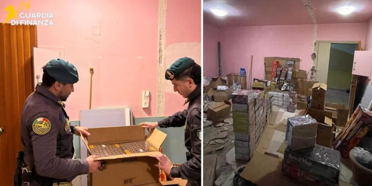 I militari della Guardia di finanza, che ha scoperto una tonnellata di botti di capodanno illegali in Calabria. Qui il momento della perquisizione in un deposito illegale