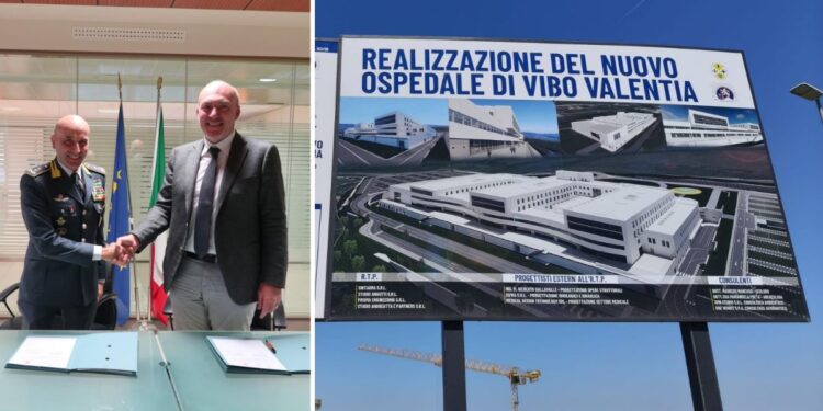 La firma del protocollo d'intesa della Guardia di finanza e il cartello sul cantiere del nuovo ospedale di Vibo Valentia