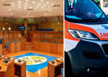 L'aula che ospita i consiglieri regionali a Reggio Calabria e un'ambulanza
