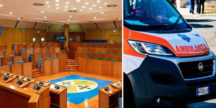 L'aula che ospita i consiglieri regionali a Reggio Calabria e un'ambulanza