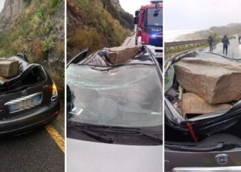 Il masso che ha colpito un'auto in Calabria, a causa del maltempo