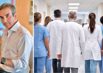 Roberto Occhiuto, presidente della Regione Calabria e commissario ad acta per la sanità, e un gruppo di medici, infermieri e oss in corsia