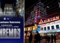 Il teatro Ariston di Sanremo e la locandina dell'evento della promo a Cosenza