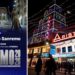 Il teatro Ariston di Sanremo e la locandina dell'evento della promo a Cosenza