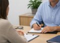 Un colloquio, uno sportello d'ascolto, un ufficio con due persone alla scrivania sedute una di fronte all'altra