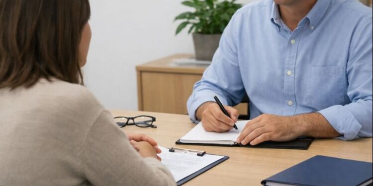 Un colloquio, uno sportello d'ascolto, un ufficio con due persone alla scrivania sedute una di fronte all'altra