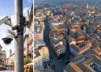 Un impianto di videosorveglianza urbano e la città di Catanzaro vista dall'alto