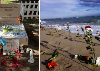 Una lapide alla memoria del piccolo Mohammad, vittima del naufragio di Cutro, in Calabria