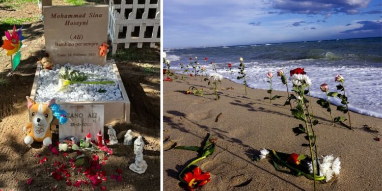 Una lapide alla memoria del piccolo Mohammad, vittima del naufragio di Cutro, in Calabria