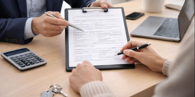 Una immagine generica di due persone in ufficio per un prestito, un mutuo o un finanziamento