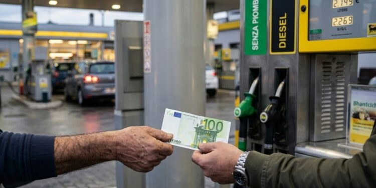 Un benzinaio riceve dal cliente una banconota da cento euro. Rincari sui prezzi della benzina