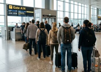 Persone in fila in aeroporto in atesa di imbarcarsi su un volo