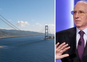 Il render del Ponte sullo Stretto di Messina e l'amministratore delegato della società, Pietro Ciucci