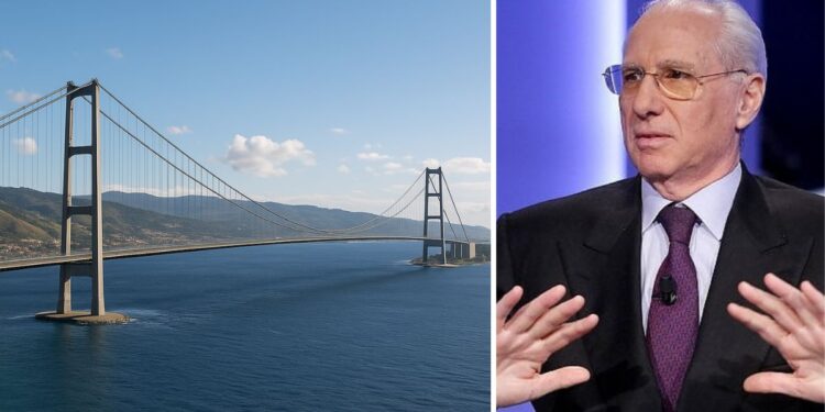 Il render del Ponte sullo Stretto di Messina e l'amministratore delegato della società, Pietro Ciucci