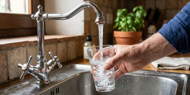 L'acqua che sgorga da un rubinetto e finisce in un bicchiere