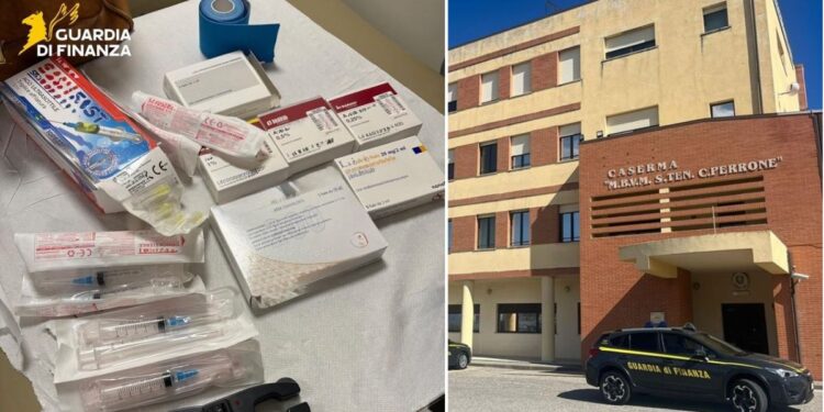 Il materiale sequestrato dalla Guardia di finanza a un medico di Cosenza che eseguiva interventi di medicina estetica in maniera abusiva