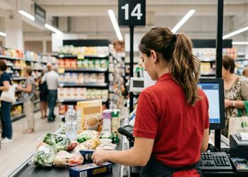 Una cassiera al lavoro in un supermercato