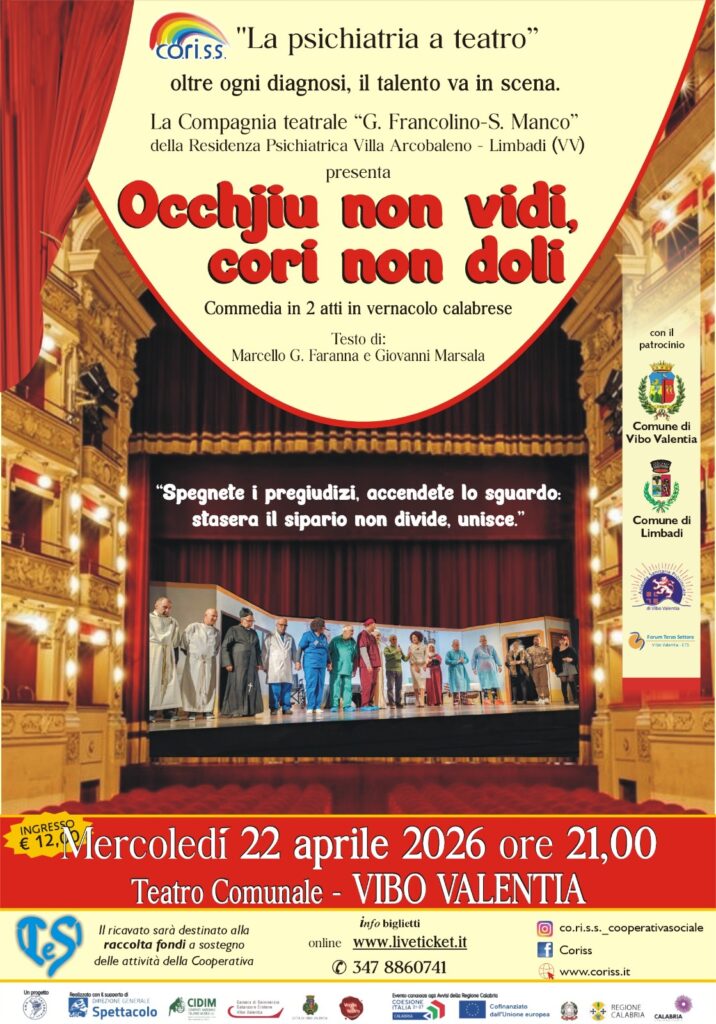 La locandina dello spettacolo al teatro comunale di Vibo Valentia realizzato dagli ospiti della residenza psichiatrica Villa Arcobaleno di Limbadi