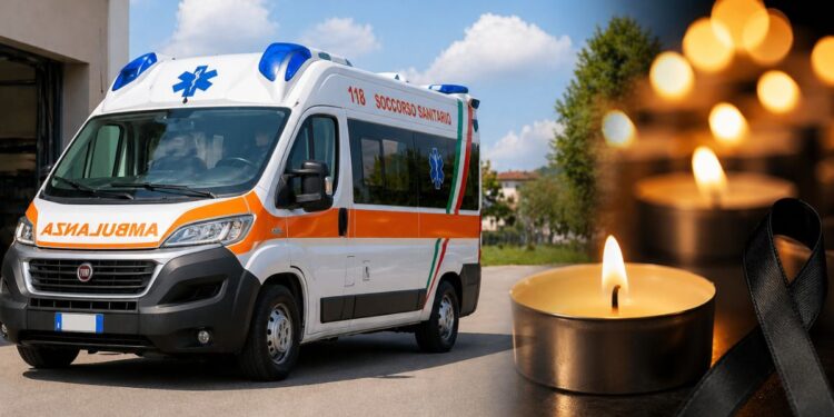 Una ambulanza del 118 e dei lumini in segno di lutto