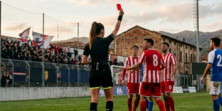 Un arbitro mostra il cartellino rosso durante una partita