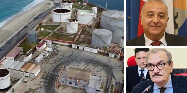 I depositi costieri della Meridionale Petroli a Vibo Marina. Nei riquadri Raffaele Mammoliti ed Enzo Romeo