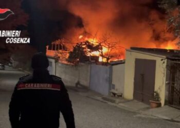 L'incendio a Frascineto, in Calabria, con i carabinieri giunti sul posto