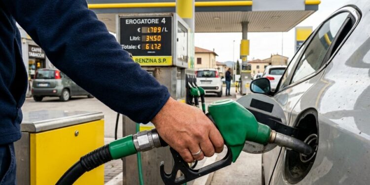 Una pompa di benzina, con una persona che fa rifornimento alla propria auto