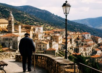 Un anziano in un paese vittima di spopolamento
