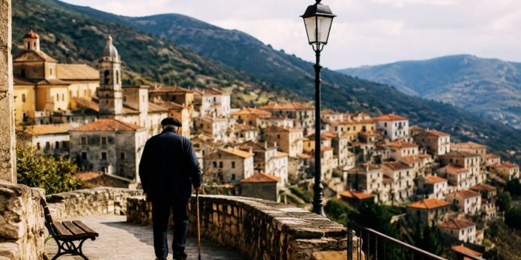 Un anziano in un paese vittima di spopolamento